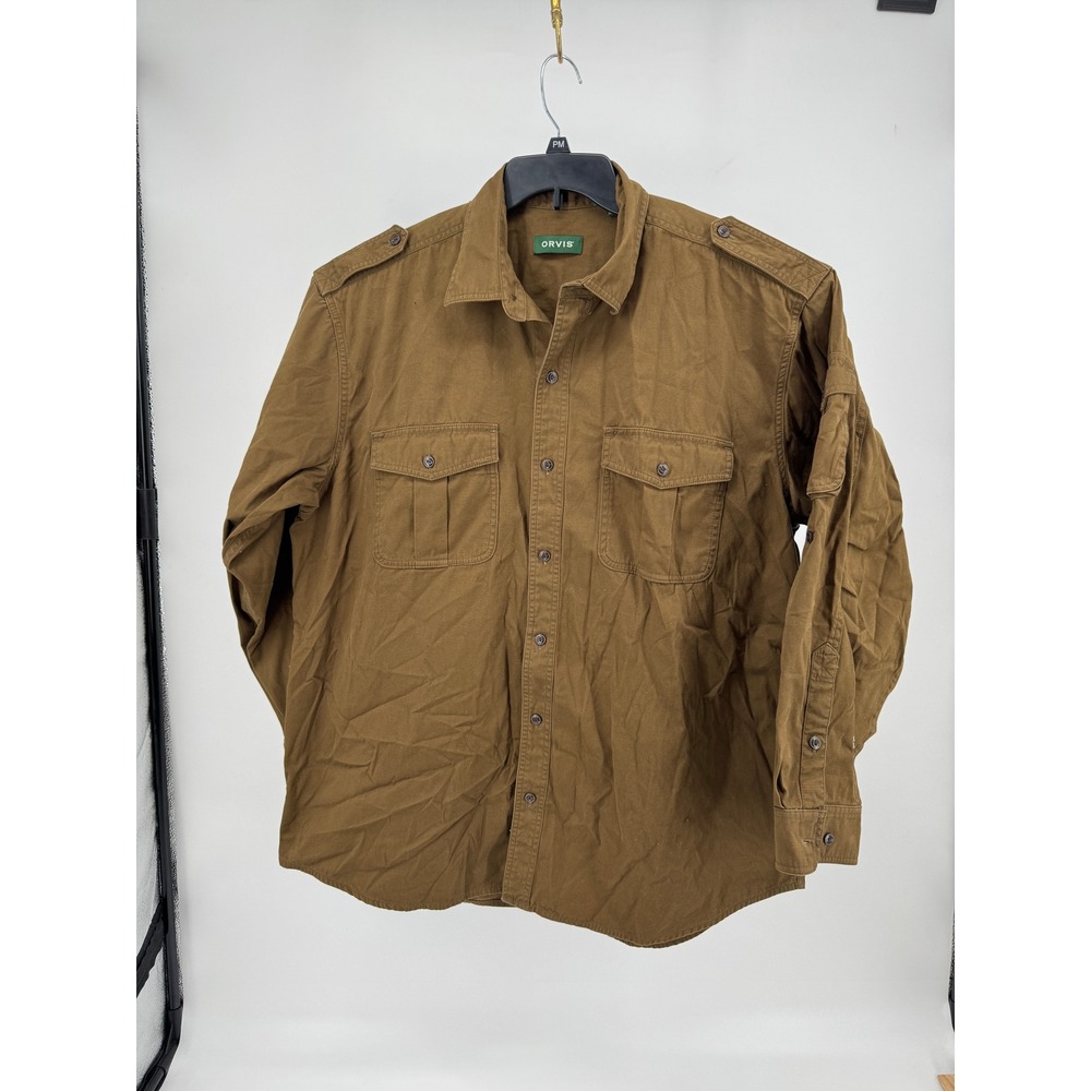 Orvis Bush Shirt Mens XL Brown Cotton Canvas Safari Utility Field Epaulet Shirt